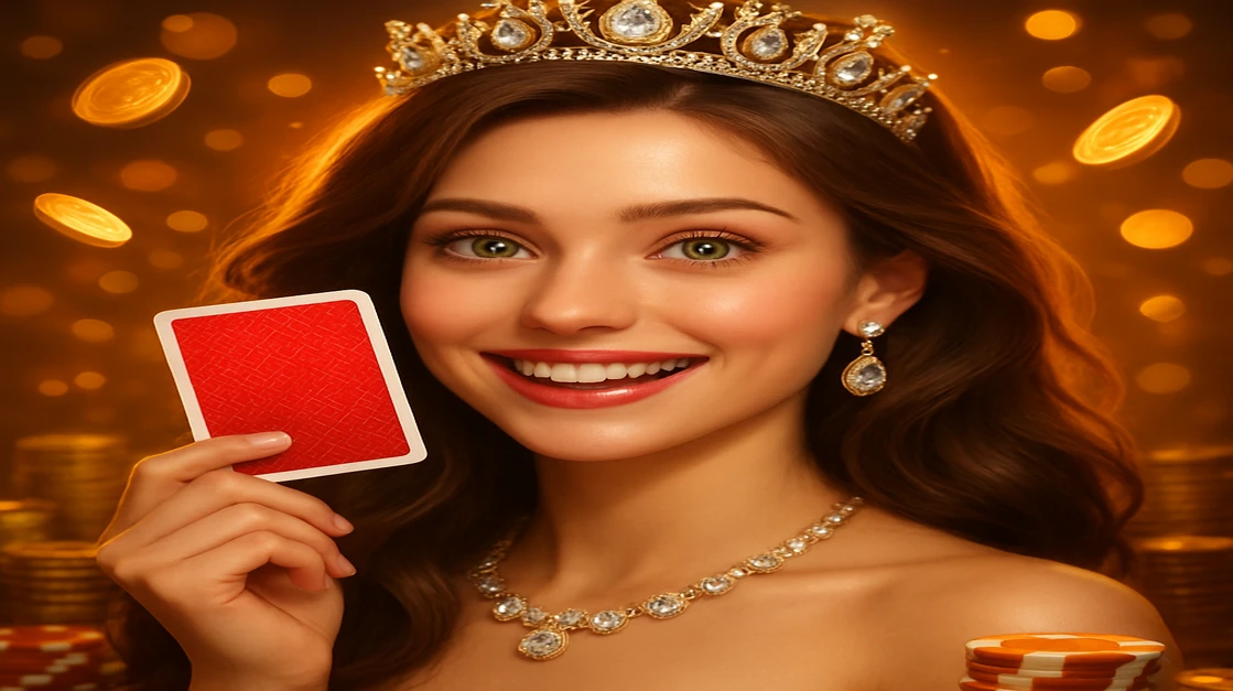 একটি হাসিখুশি কার্টুন রাজকুমারি tiara পরা hbaj-র গেমিং প্ল্যাটফর্মে চকচকে সোনার মুদ্রা ও চিপসে ভরপুর একটি জয়ী কার্ড ধরছেন, যা hbaj-এ জাদুকরী ও মজার গেমিং অভিজ্ঞতার প্রতীক।
