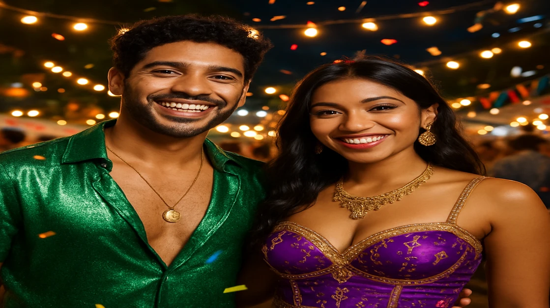 রঙিন কার্নিভাল পোশাক পরা এক সুখী ও আকর্ষণীয় যুগল একটি প্রাণবন্ত বাইরের উৎসবে উদযাপন করছেন, hbaj-এ একসঙ্গে খেলা করার মজা, সামাজিকতা ও উত্তেজনাপূর্ণ পরিবেশকে ধারণ করছে।